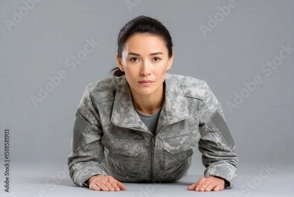 Fototapeta Army fitness test concept, A focused woman in military uniform performs a plank exercise against a plain gray background.