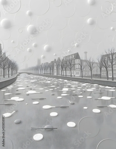 Fototapeta Surreal swirls of pollution marring the glassy, ashen surface of the canal, craft clay. with white shades