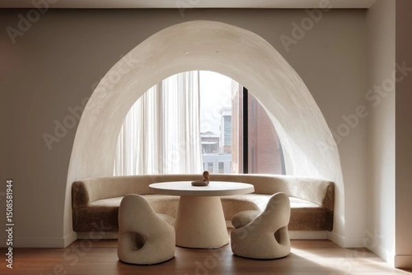 Fototapeta Curved alcove with a window seat and round table.