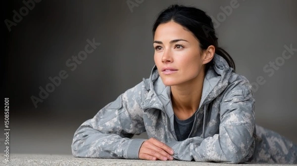 Fototapeta Army fitness test concept, A woman in camouflage military uniform lies down, gazing thoughtfully ahead with a determined expression.