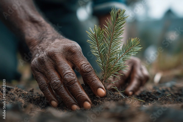 Fototapeta Hands Planting a Seedling: A person carefully plants a small tree conifer seedling into the earth, embodying the act of planting and the care.