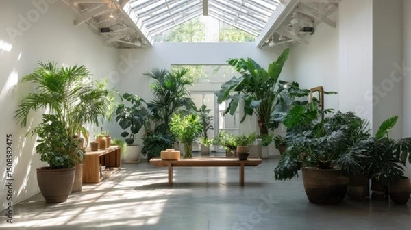 Fototapeta Indoor space filled with lush greenery and natural light.