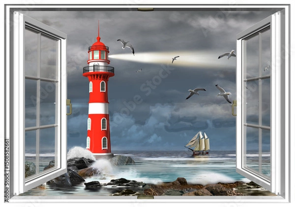 Fototapeta Offenes Fenster mit Blick auf einen rot, weißen Leuchtturm auf einer Klippe bei Abenddämmerung mit Segelschiff am Horizont