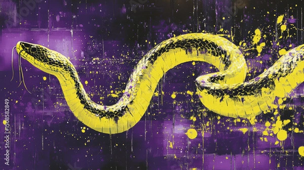 Obraz Stylized snake illustration with bold purple and yellow colors, pixel and paint textures, and an abstract background

