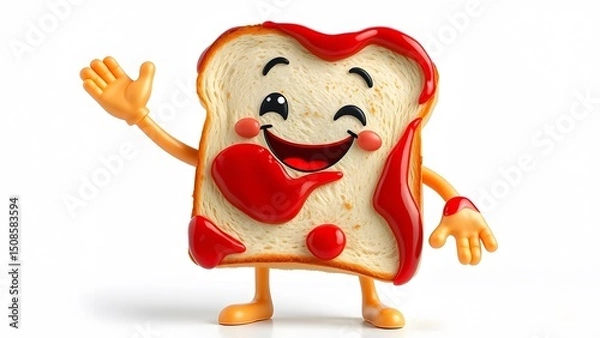 Fototapeta Animated funny bread slice covered with Tomato ketchup 