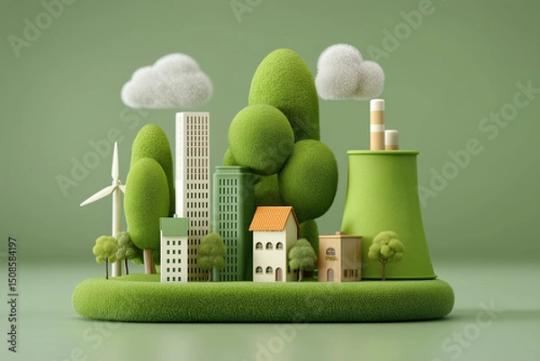 Fototapeta illustration of sustainable energy icons: A vibrant, three-dimensional depiction of a sustainable city. Showcasing buildings and architecture amidst green fields and fluffy clouds.