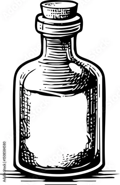 Fototapeta A black and white illustration of a glass bottle with a cork stopper, appearing to contain liquid, rendered in a woodcut or sketch style with textured shading.