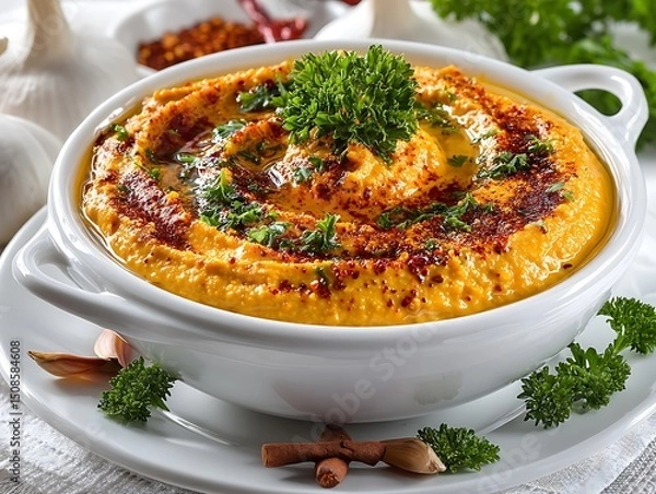 Fototapeta A bowl of delicious butternut squash hummus garnished with fresh parsley