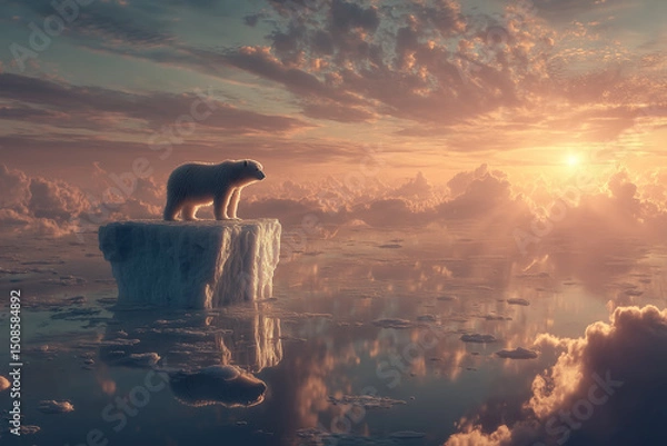 Fototapeta Melting ice caps under a dramatic sky, polar bear standing on a shrinking iceberg, symbolizing climate change and global warming 