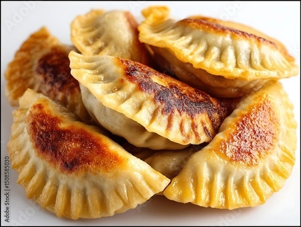 Fototapeta A close up shot of delicious looking pierogi with a crispy golden crust