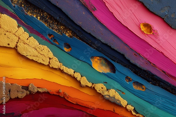 Fototapeta Abstract Colorful Layers: Vibrant and dynamic abstract artwork featuring layers of rich, colorful paints, interspersed with flecks of gold, creating a visually striking and textural masterpiece.