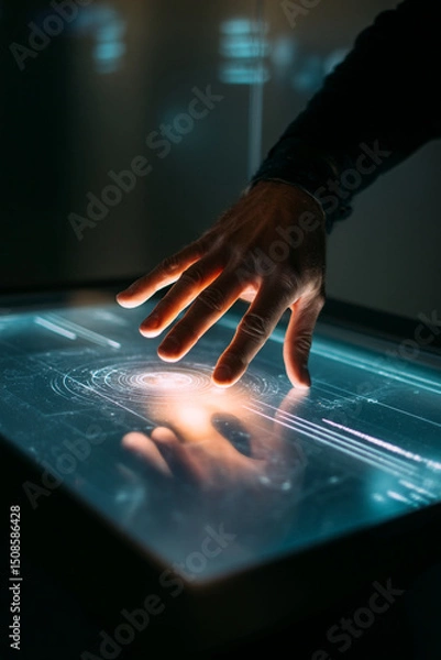 Obraz A hand interacting with a glowing futuristic touch screen interface in a dark environment setting