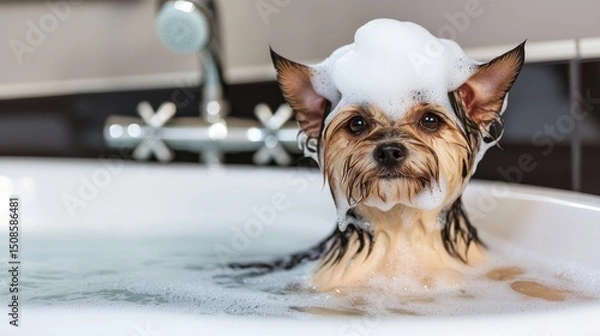 Obraz Yorkshire Terrier bath time, soapy bubbles, bathroom
