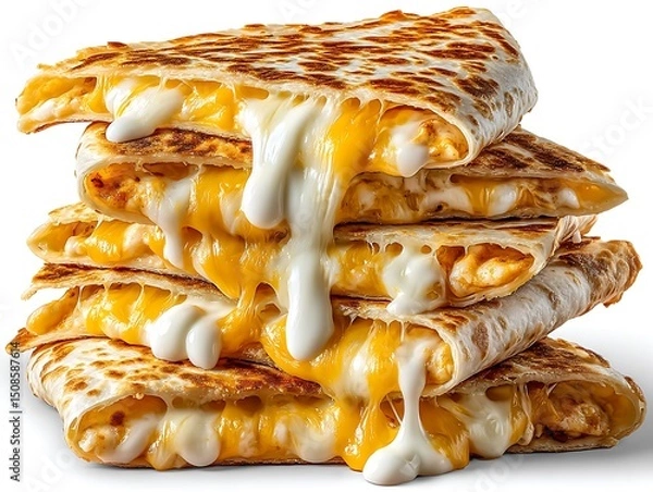 Fototapeta A delicious looking stack of chicken quesadillas with lots of melted cheese