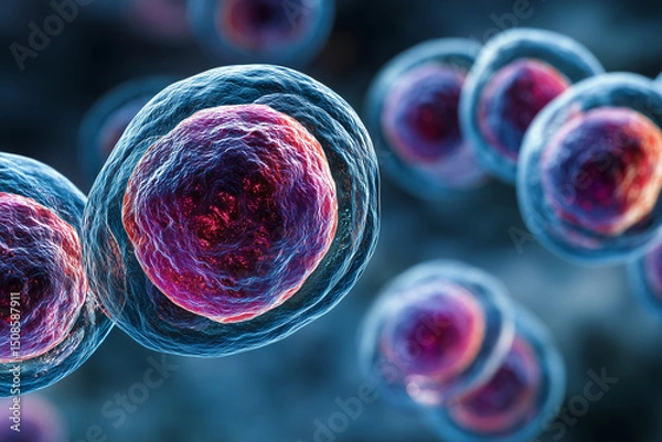 Obraz Cellular World: A close-up, detailed view of multiple cells, showcasing their complex structures in a microscopic landscape.