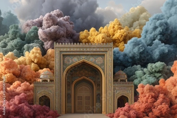 Obraz Ornate archway with clouds around it on white background