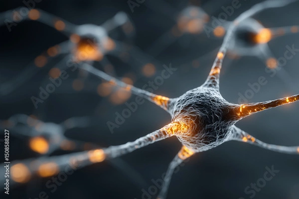 Obraz Neural Network in Focus: An abstract depiction of neurons firing, showcasing intricate connections in a display of biological and scientific interest.