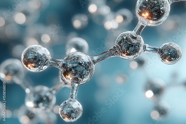 Fototapeta photorealistic molecule structure, shiny silver atoms and bonds on blurred blue background 