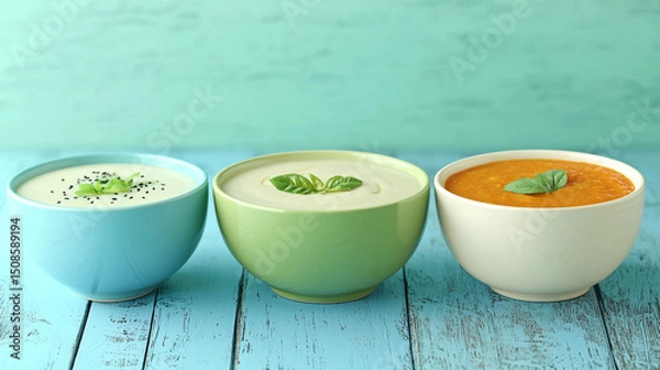 Fototapeta Assortment of creamy soups in colorful bowls displayed on weathered wooden table
