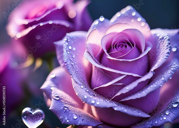Obraz Realistic illustration of a purple rose with water droplets reflecting light on the petals.