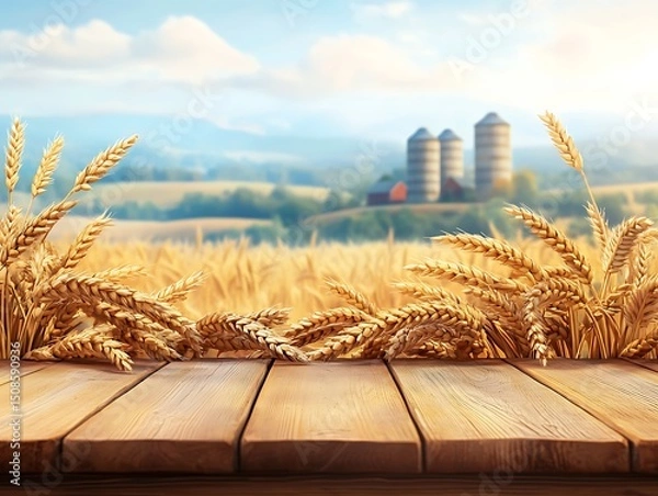Obraz clipart style wooden tabletop with blurred barn silos and wheat fields behind warm tones cartoon aesthetic clean scene