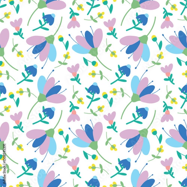 Fototapeta Flowers with a seamless pattern. Naive flowers and leaves, hand-drawn. Vector textile design for summer holidays, wallpaper, background, print.