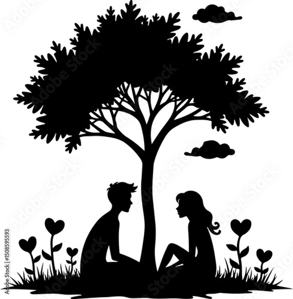 Fototapeta Silhouette of a Couple Sitting Under a Tree with Butterflies | Premium AI-generated vector
