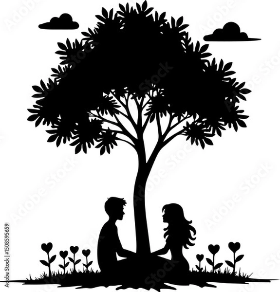 Fototapeta Silhouette of a Couple Sitting Under a Tree with Butterflies | Premium AI-generated vector
