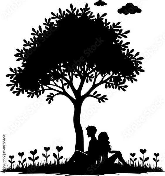 Fototapeta Silhouette of a Couple Sitting Under a Tree with Butterflies | Premium AI-generated vector
