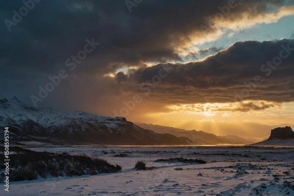Obraz Winter Beach Scene at Sunset with Snow and Mountain Views


