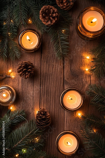 Obraz Warm candlelight scene with pine cones and evergreen branches on a textured wooden table for seasonal design


