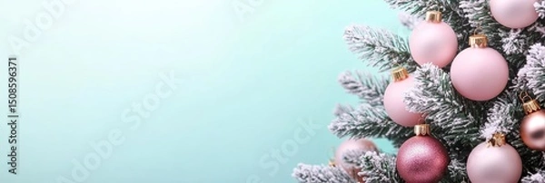 Fototapeta Christmas Tree Decorated with Pink Ornaments and Glitter Sparkly Pine Branches on Pastel Background