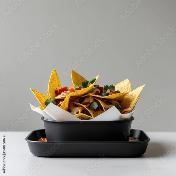Obraz Plate of Nachos with Colorful Toppings on a Simple Tray

