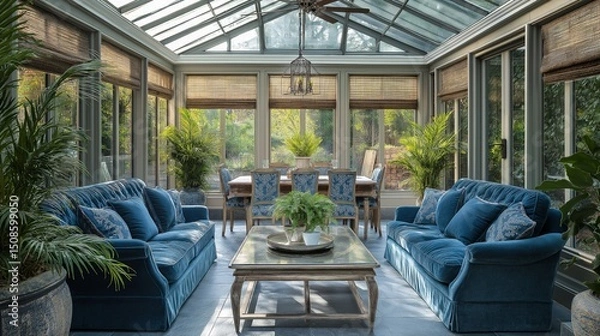 Fototapeta Elegant sunroom with glass ceiling, plush blue velvet sofas and chairs, rustic wood dining table, indoor plants, bamboo blinds and ceiling fan in a light-filled space