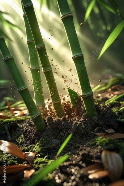 Obraz Tall Bamboo in a Lush Forest with Sunlight and Shadows

