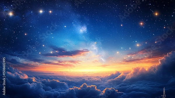 Obraz A magical scene of clouds under a twilight sky with twinkling stars.Fantasy scene of a cosmic dawn or dusk.