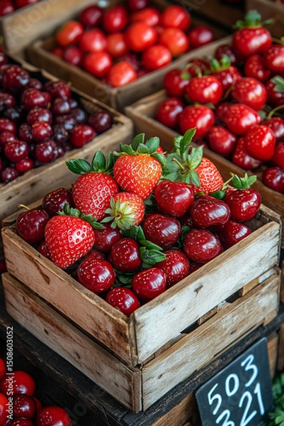 Fototapeta Strawberries and cherries in rustic wooden crate with price label at farmer market. Mixed red berries display. Summer harvest sale. Image for poster, banner. Close-up view