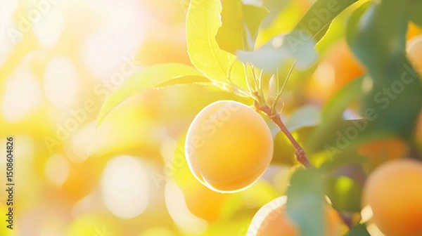 Fototapeta Golden apricots on tree with bokeh background. Vitamin A rich summer fruit. Natural health and wellness concept. Image for nutrition banner, poster, wallpaper with copy space.