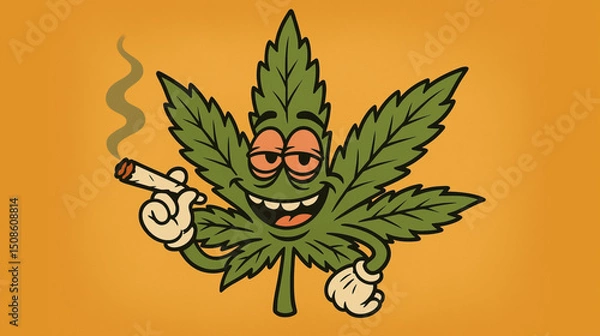 Fototapeta Funny cartoon cannabis leaf character smoking marijuana joint with humorous playful expression
