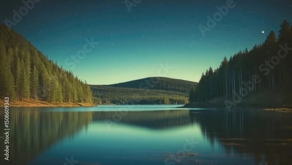 Fototapeta A Northern Landscape With A Calm Lake, Forest On Banks And A Large Hill In Distance On A Summer Night. With Empty Copy Space For Text