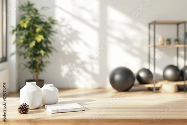 Fototapeta Peaceful wellness studio with yoga balls, white ceramic vases, notebook on wooden floor, indoor plant, soft sunlight, concept of calm and balance. Ai generative