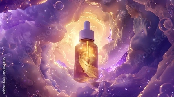Obraz Surreal hair serum bottle mockup levitating within a luminous vortex of liquid gold surrounded by weightless swirling nebula clouds in shades of pearl and violet