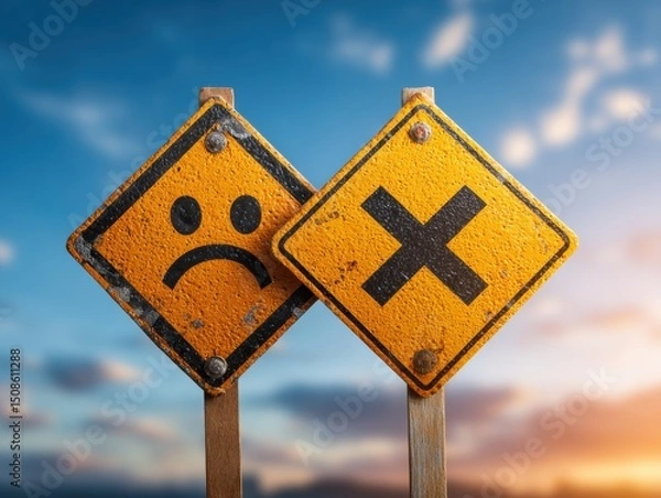 Fototapeta Warning signs displaying contrasting emotions at sunset