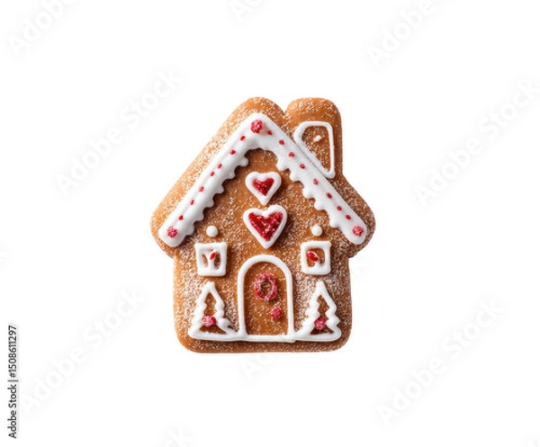 Obraz Festive gingerbread house with icing and decorations for holidays on a transparent background, cut out