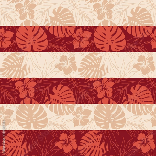 Fototapeta Monstera and palm leaves hibiscus flowers tropical striped wallpaper vintage vector seamless pattern  for fabric shirt towel tablecloth pillow rug carpet pareo 