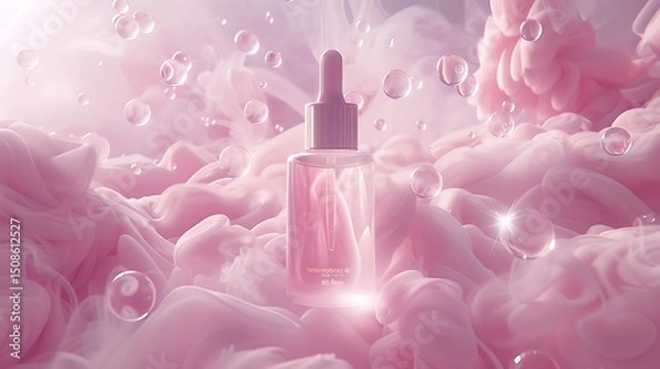 Obraz Weightless facial essence bottle mockup gently floating above a silky pink mist surrounded by swirling orbs of soft diffused light resembling celestial halos
