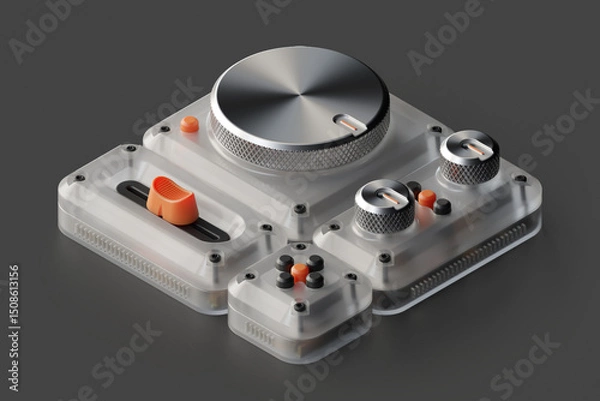 Obraz 3d rendered isometric control panel device with set of knobs, faders, switchers and buttons made of frosted transparent plastic material.