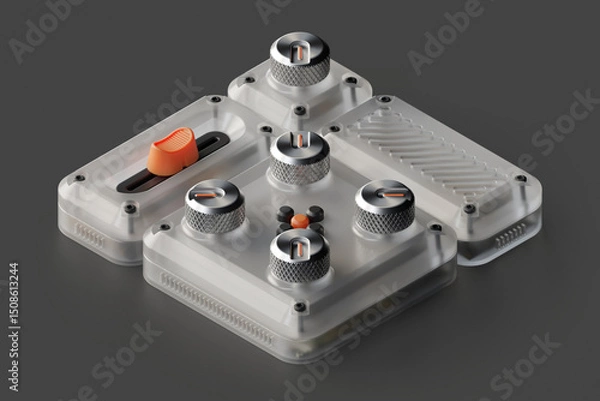 Obraz 3d rendered isometric control panel device with set of knobs, faders, switchers and buttons made of frosted transparent plastic material.