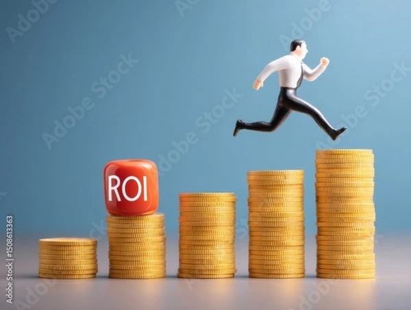 Fototapeta Business growth through increased ROI with running figure on coin stacks