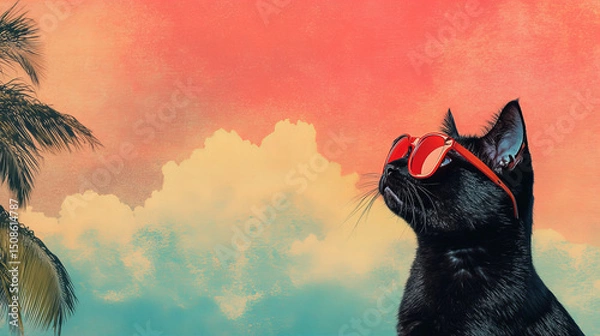 Obraz Stylized black cat wearing retro sunglasses with colorful backgrounds, sunset skies, and a playful vintage aesthetic

